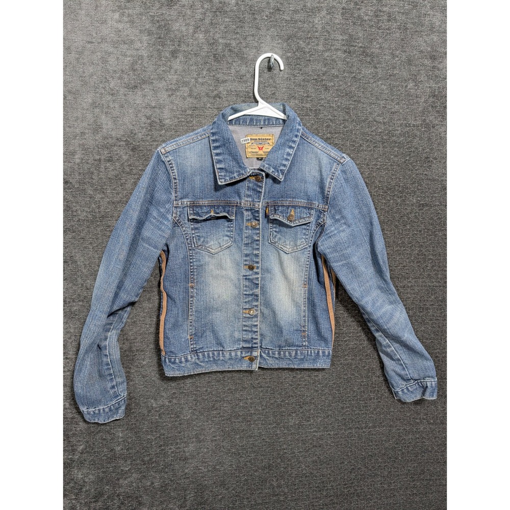 Sm Sister Womens Denim Jacket Blue Medium Wash Cotton Side Stripe Trucker Size F